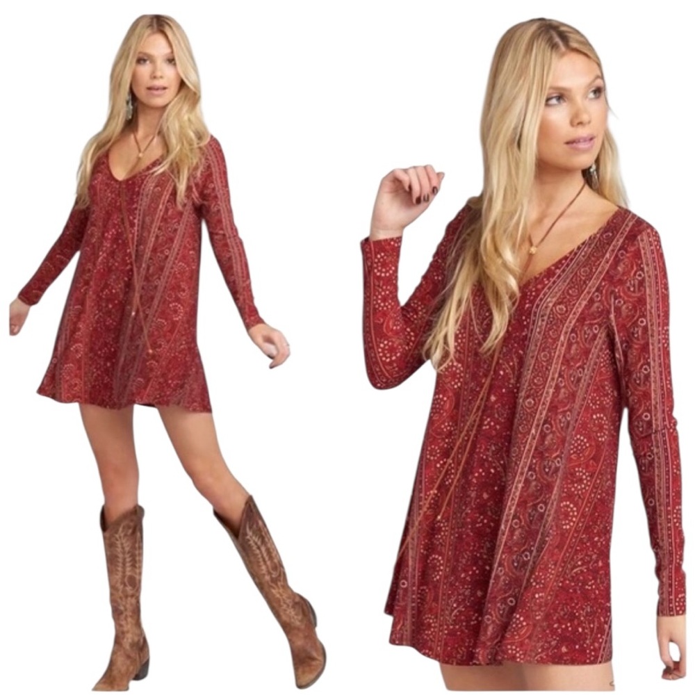 Show Me Your MuMu Burgundy Paisley Long Sleeve Mini Dress (C-1)
